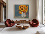 Kitchen Sunflowers by Sue Schlabach. Shown as extra-large giant wall art in a modern living room. Available as an archival giclee rolled canvas, fine art paper, or poster print. SKU 82701a.