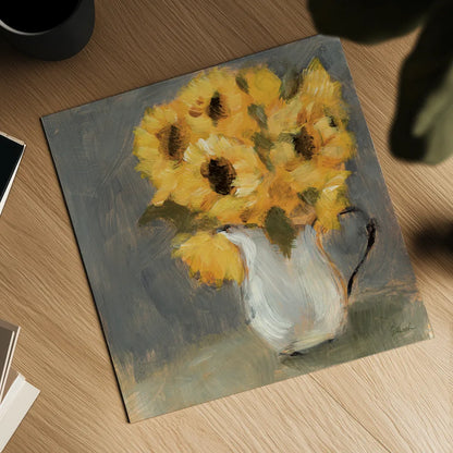 Kitchen Sunflowers Charcoal by Sue Schlabach. Shown as a detailed flat fine art print, highlighting archival giclee quality. Available as an archival giclee rolled canvas, fine art paper, or poster print. SKU 83756a.