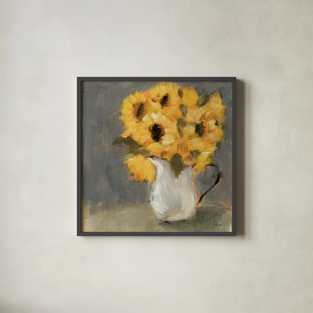 Kitchen Sunflowers Charcoal by Sue Schlabach. Shown in a sleek black glass frame for a contemporary gallery look. Available as an archival giclee rolled canvas, fine art paper, or poster print. SKU 83756a.