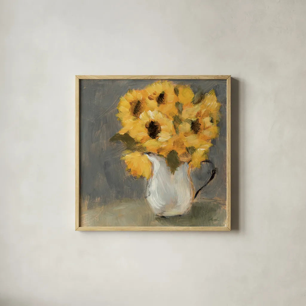 Kitchen Sunflowers Charcoal by Sue Schlabach. Shown in a natural wood glass frame for a timeless modern aesthetic. Available as an archival giclee rolled canvas, fine art paper, or poster print. SKU 83756a.