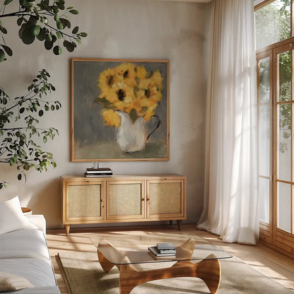 Kitchen Sunflowers Charcoal by Sue Schlabach. Shown in a natural wood frame in a cozy modern living room. Available as an archival giclee rolled canvas, fine art paper, or poster print. SKU 83756a.