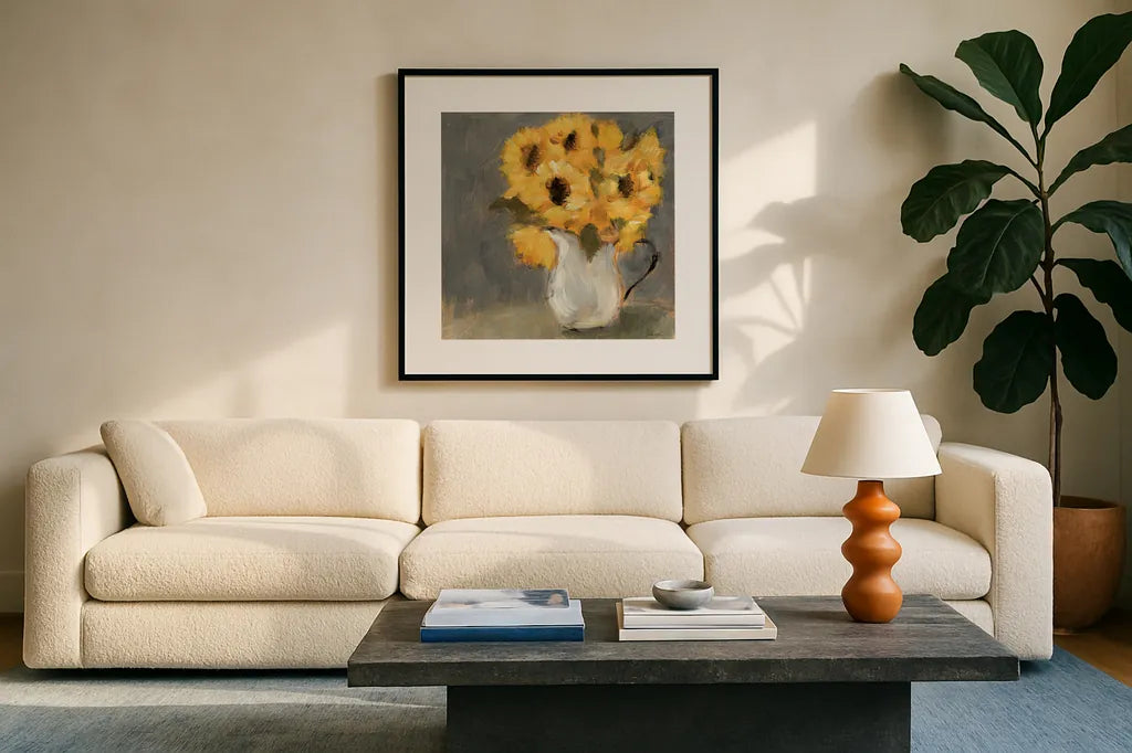 Kitchen Sunflowers Charcoal by Sue Schlabach. Displayed in a glass frame with matte in a clean modern living room. Available as an archival giclee rolled canvas, fine art paper, or poster print. SKU 83756a.