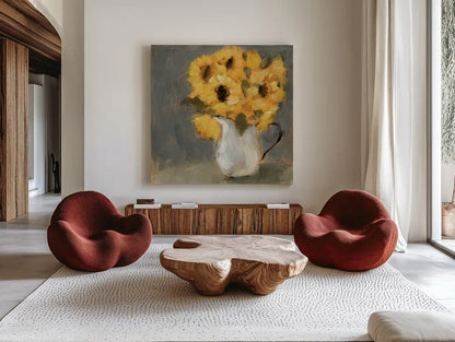 Kitchen Sunflowers Charcoal by Sue Schlabach. Shown as extra-large giant wall art in a modern living room. Available as an archival giclee rolled canvas, fine art paper, or poster print. SKU 83756a.