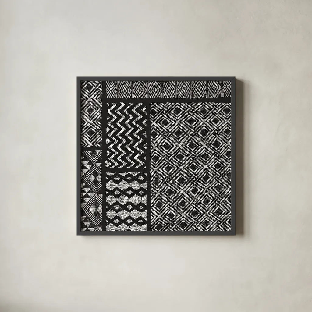 Kuba Abstract I BW by Sue Schlabach. Shown in a sleek black glass frame for a contemporary gallery look. Available as an archival giclee rolled canvas, fine art paper, or poster print. SKU 32132a.