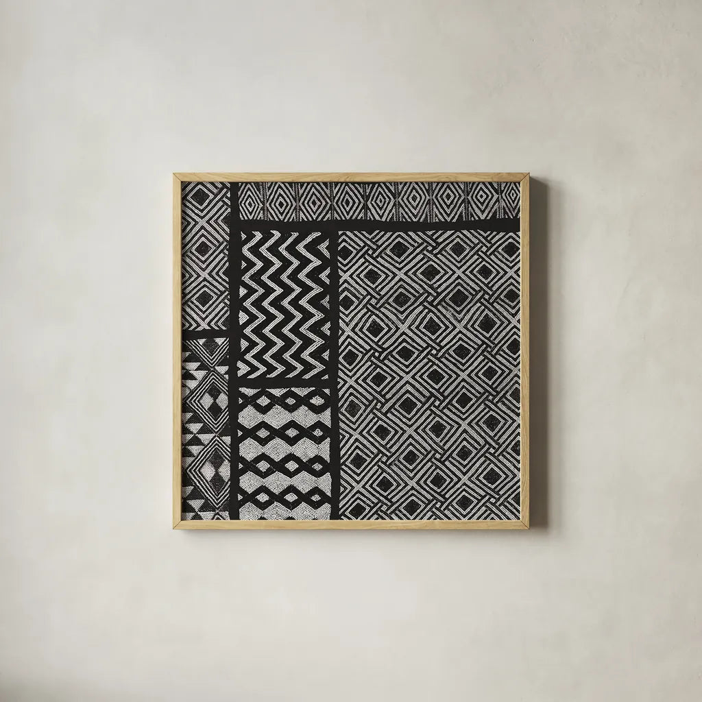 Kuba Abstract I BW by Sue Schlabach. Shown in a natural wood glass frame for a timeless modern aesthetic. Available as an archival giclee rolled canvas, fine art paper, or poster print. SKU 32132a.