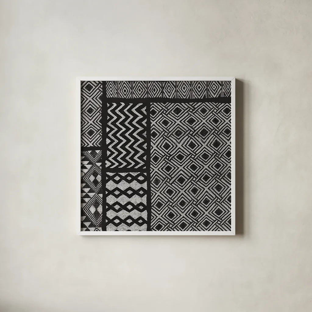 Kuba Abstract I BW by Sue Schlabach. Shown in a crisp white glass frame for a clean and minimalist style. Available as an archival giclee rolled canvas, fine art paper, or poster print. SKU 32132a.