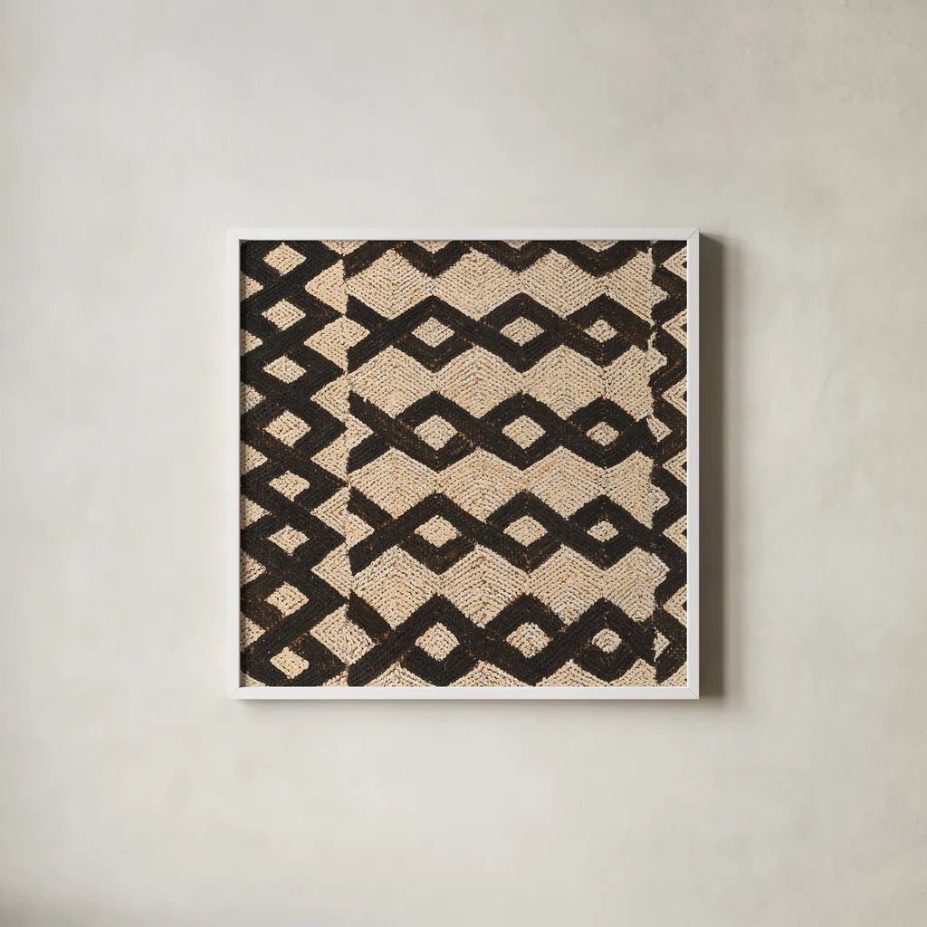 Kuba Abstract II by Sue Schlabach. Shown in a crisp white glass frame for a clean and minimalist style. Available as an archival giclee rolled canvas, fine art paper, or poster print. SKU 67706a.