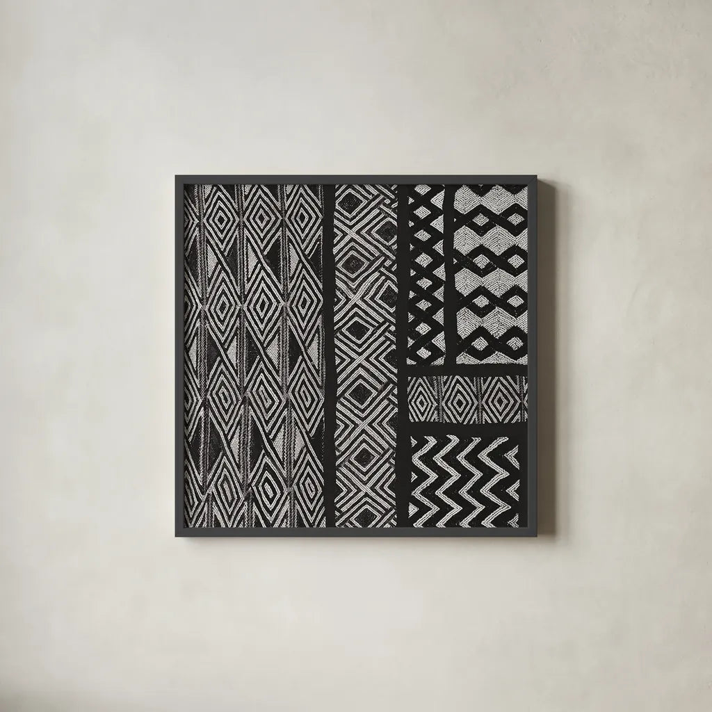 Kuba Abstract II BW by Sue Schlabach. Shown in a sleek black glass frame for a contemporary gallery look. Available as an archival giclee rolled canvas, fine art paper, or poster print. SKU 32133a.