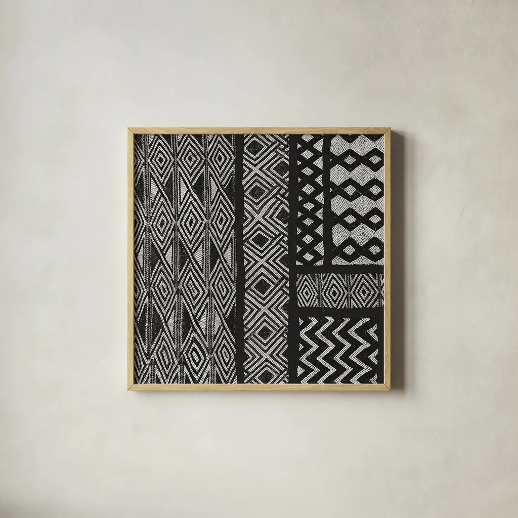 Kuba Abstract II BW by Sue Schlabach. Shown in a natural wood glass frame for a timeless modern aesthetic. Available as an archival giclee rolled canvas, fine art paper, or poster print. SKU 32133a.