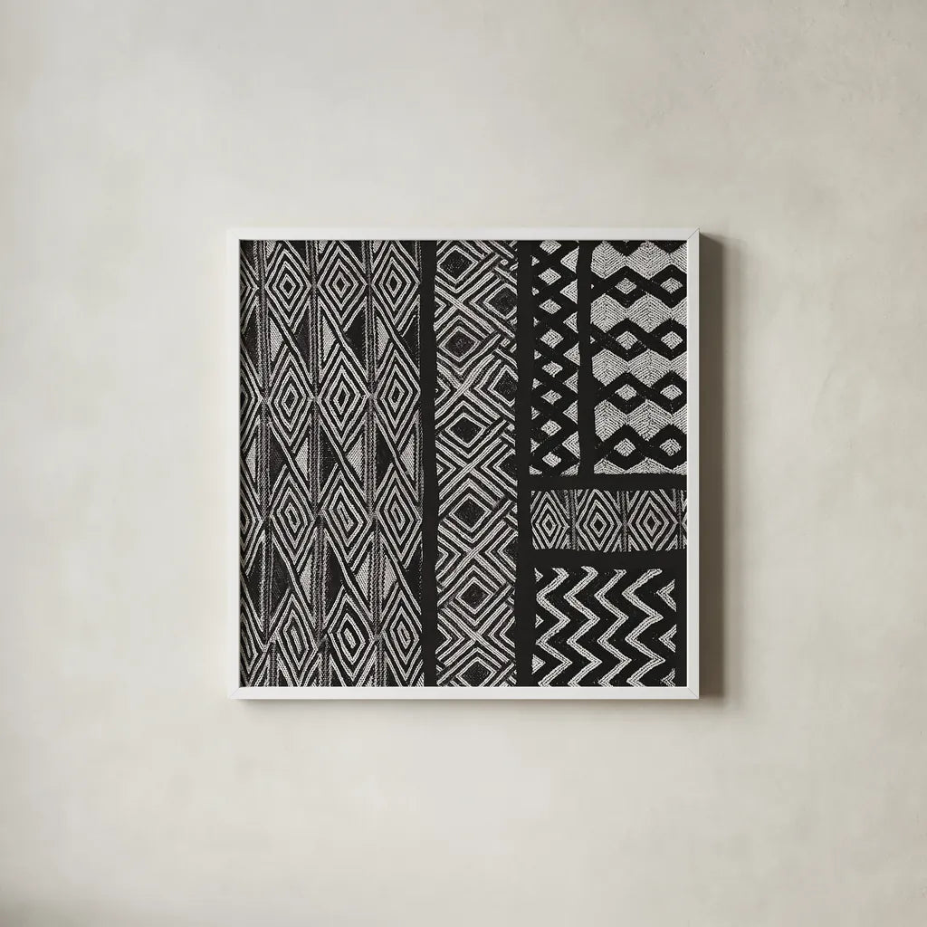 Kuba Abstract II BW by Sue Schlabach. Shown in a crisp white glass frame for a clean and minimalist style. Available as an archival giclee rolled canvas, fine art paper, or poster print. SKU 32133a.