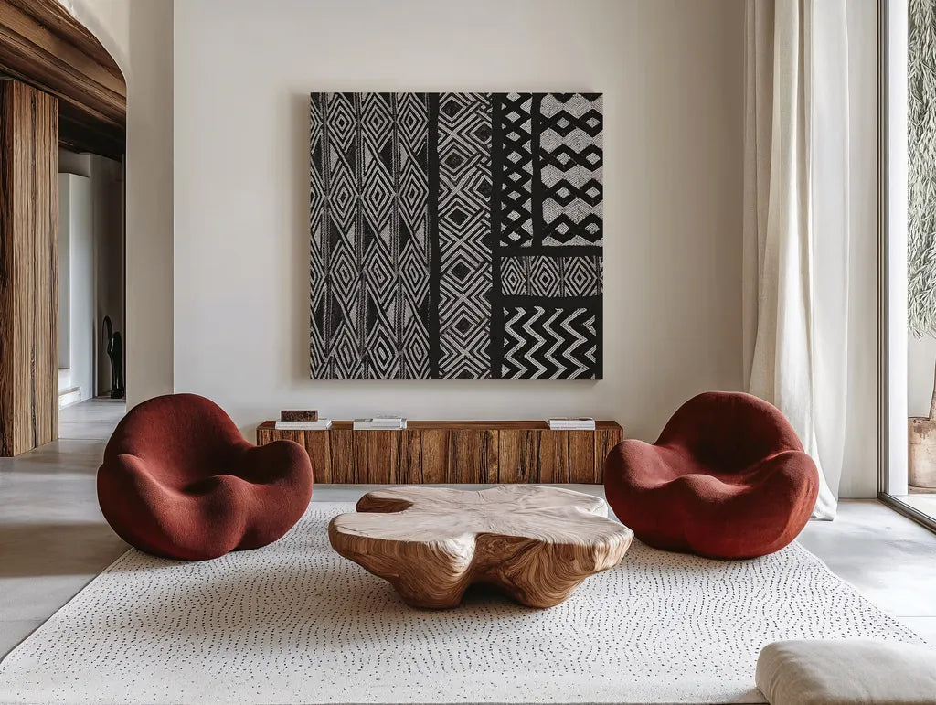 Kuba Abstract II BW by Sue Schlabach. Shown as extra-large giant wall art in a modern living room. Available as an archival giclee rolled canvas, fine art paper, or poster print. SKU 32133a.
