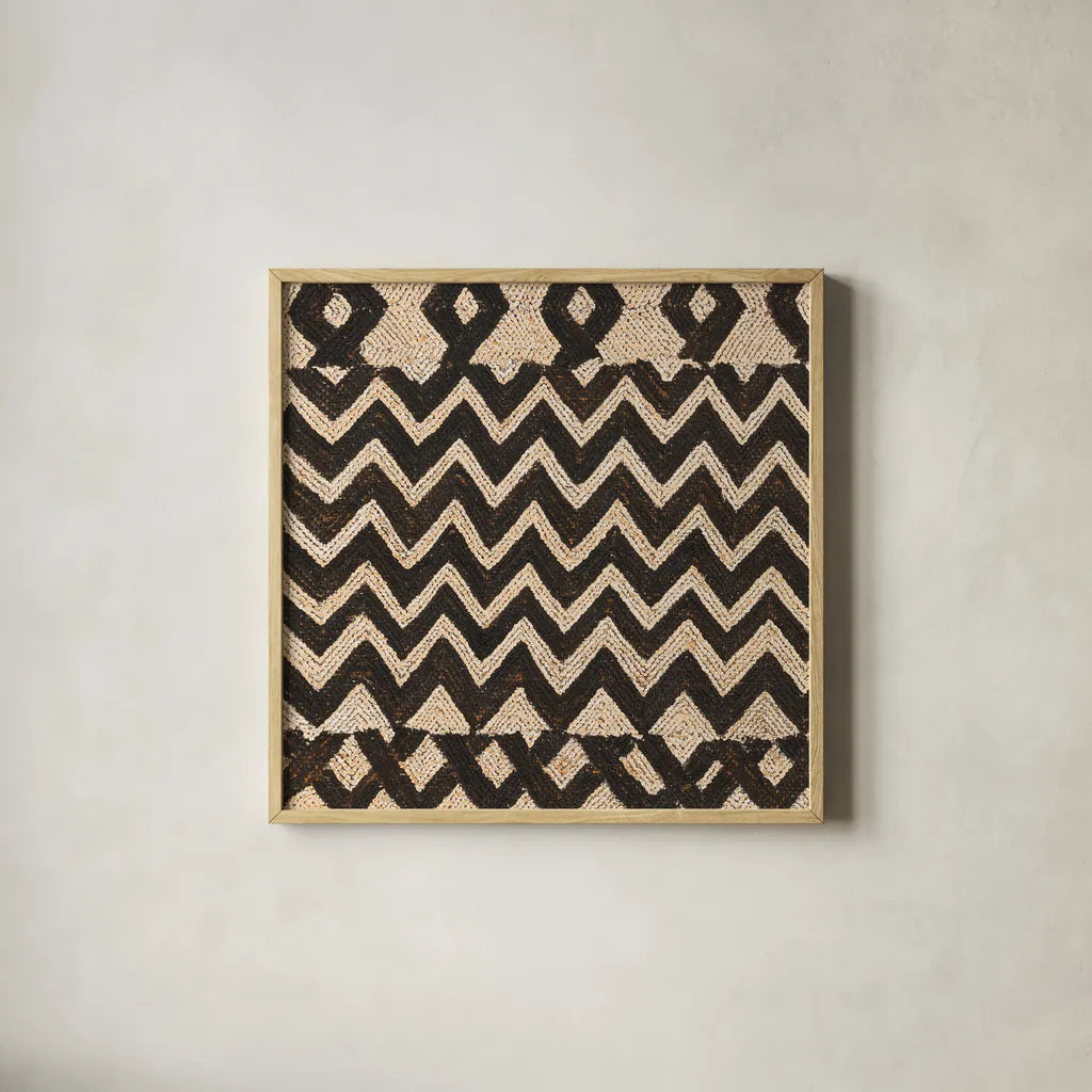 Kuba Abstract III by Sue Schlabach. Shown in a natural wood glass frame for a timeless modern aesthetic. Available as an archival giclee rolled canvas, fine art paper, or poster print. SKU 67770a.