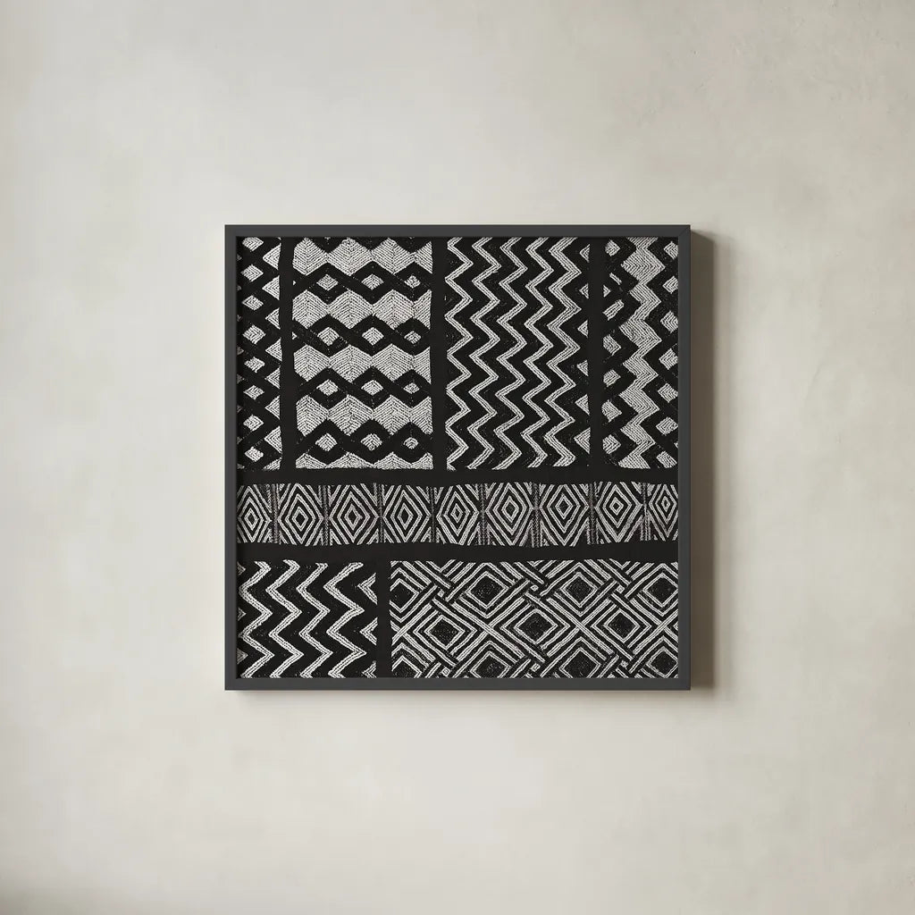 Kuba Abstract III BW by Sue Schlabach. Shown in a sleek black glass frame for a contemporary gallery look. Available as an archival giclee rolled canvas, fine art paper, or poster print. SKU 32134a.