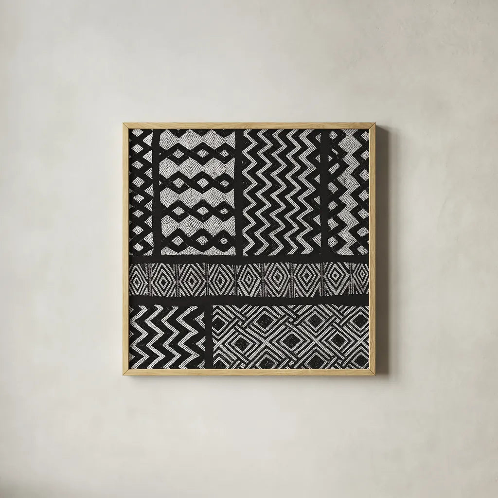 Kuba Abstract III BW by Sue Schlabach. Shown in a natural wood glass frame for a timeless modern aesthetic. Available as an archival giclee rolled canvas, fine art paper, or poster print. SKU 32134a.