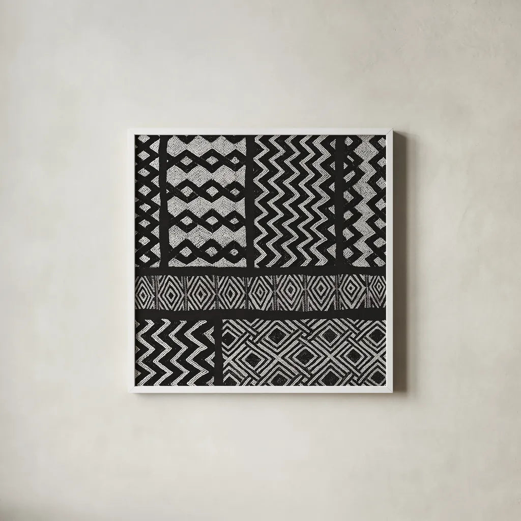 Kuba Abstract III BW by Sue Schlabach. Shown in a crisp white glass frame for a clean and minimalist style. Available as an archival giclee rolled canvas, fine art paper, or poster print. SKU 32134a.