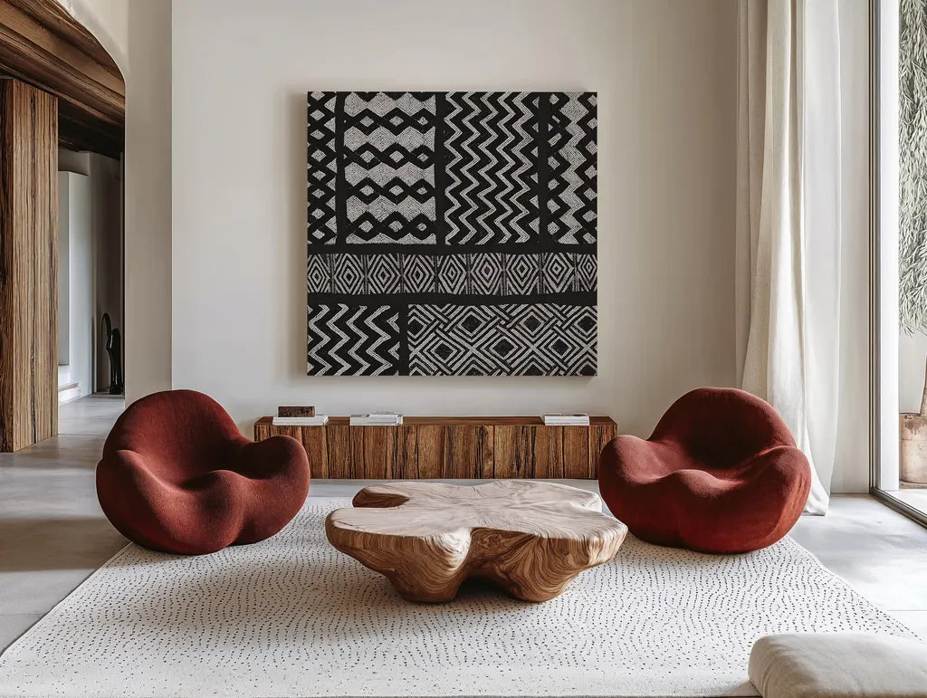 Kuba Abstract III BW by Sue Schlabach. Shown as extra-large giant wall art in a modern living room. Available as an archival giclee rolled canvas, fine art paper, or poster print. SKU 32134a.