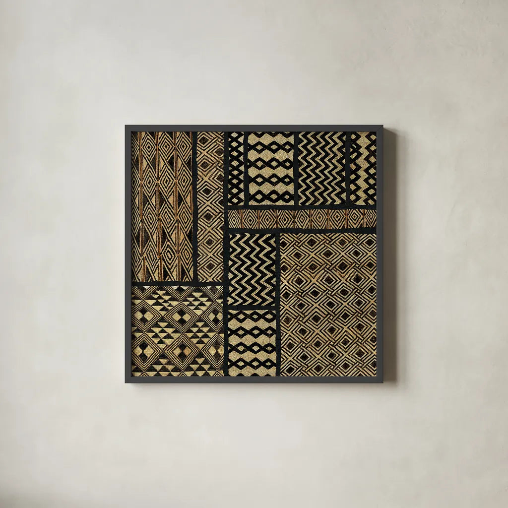 Kuba Abstract Square by Sue Schlabach. Shown in a sleek black glass frame for a contemporary gallery look. Available as an archival giclee rolled canvas, fine art paper, or poster print. SKU 44656a.