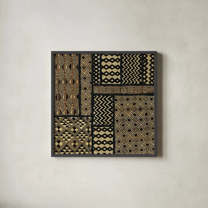 Kuba Abstract Square by Sue Schlabach. Shown in a sleek black glass frame for a contemporary gallery look. Available as an archival giclee rolled canvas, fine art paper, or poster print. SKU 44656a.