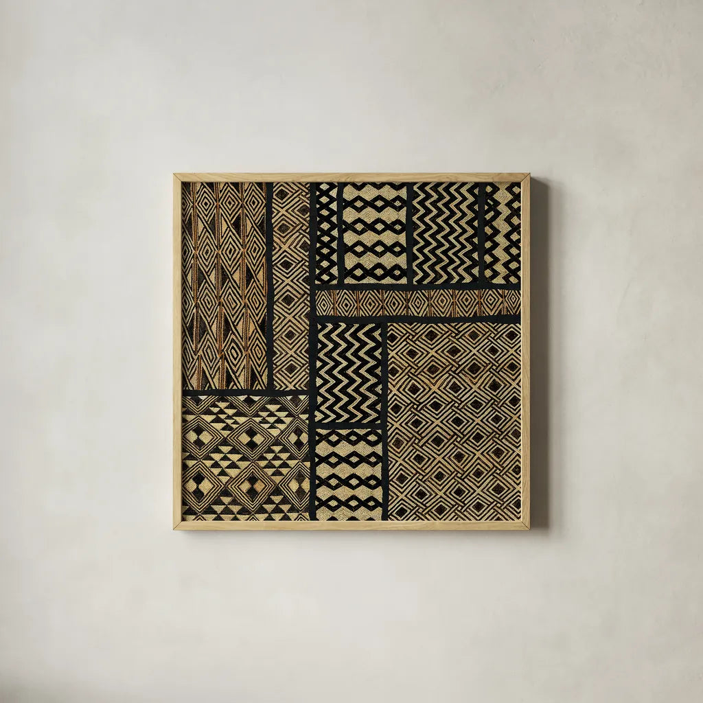 Kuba Abstract Square by Sue Schlabach. Shown in a natural wood glass frame for a timeless modern aesthetic. Available as an archival giclee rolled canvas, fine art paper, or poster print. SKU 44656a.