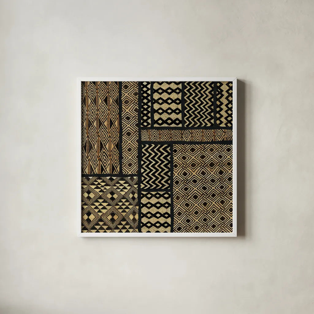 Kuba Abstract Square by Sue Schlabach. Shown in a crisp white glass frame for a clean and minimalist style. Available as an archival giclee rolled canvas, fine art paper, or poster print. SKU 44656a.