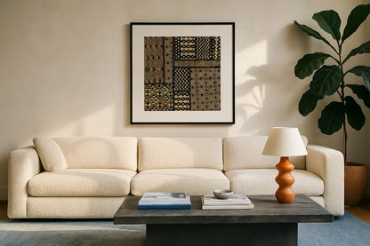 Kuba Abstract Square by Sue Schlabach. Displayed in a glass frame with matte in a clean modern living room. Available as an archival giclee rolled canvas, fine art paper, or poster print. SKU 44656a.