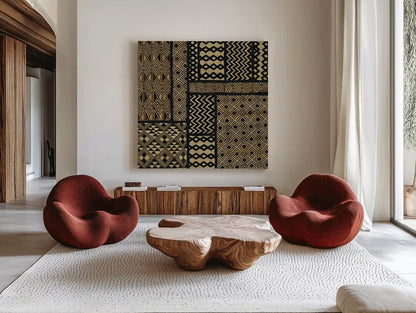 Kuba Abstract Square by Sue Schlabach. Shown as extra-large giant wall art in a modern living room. Available as an archival giclee rolled canvas, fine art paper, or poster print. SKU 44656a.