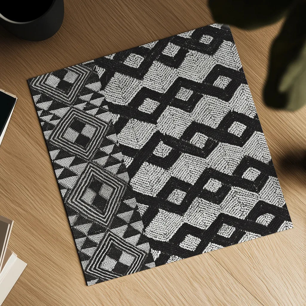 Kuba Cloth Mat I Crop BW by Sue Schlabach. Shown as a detailed flat fine art print, highlighting archival giclee quality. Available as an archival giclee rolled canvas, fine art paper, or poster print. SKU 32129a.