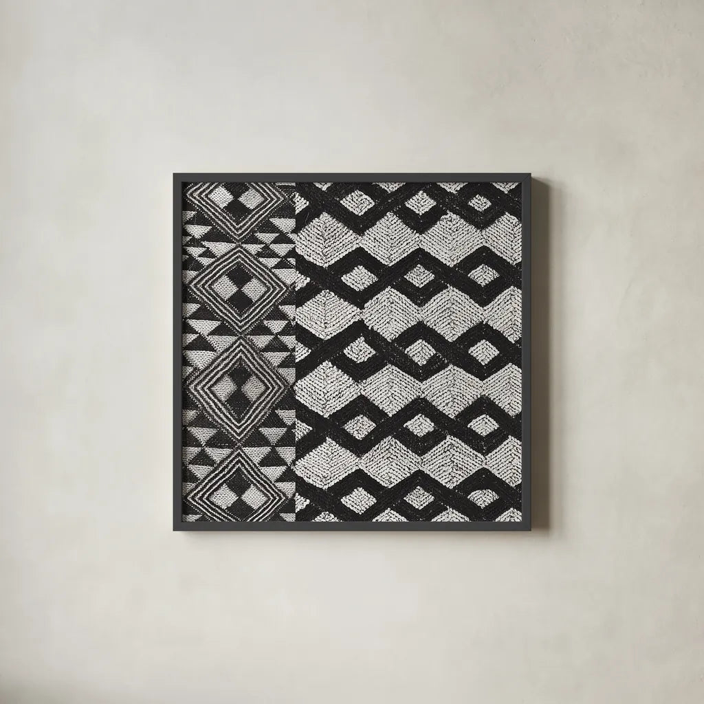 Kuba Cloth Mat I Crop BW by Sue Schlabach. Shown in a sleek black glass frame for a contemporary gallery look. Available as an archival giclee rolled canvas, fine art paper, or poster print. SKU 32129a.