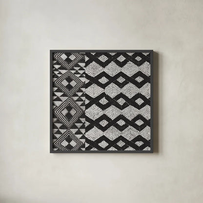 Kuba Cloth Mat I Crop BW by Sue Schlabach. Shown in a sleek black glass frame for a contemporary gallery look. Available as an archival giclee rolled canvas, fine art paper, or poster print. SKU 32129a.