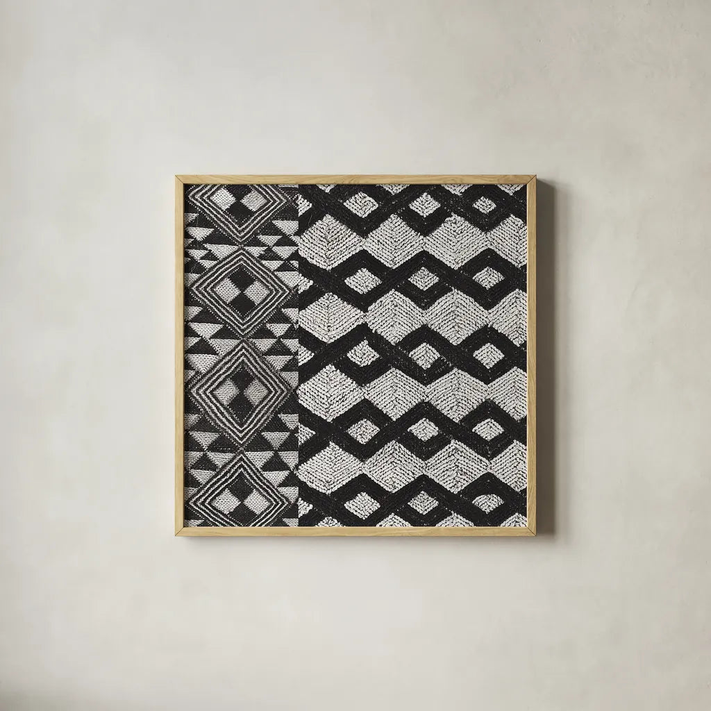 Kuba Cloth Mat I Crop BW by Sue Schlabach. Shown in a natural wood glass frame for a timeless modern aesthetic. Available as an archival giclee rolled canvas, fine art paper, or poster print. SKU 32129a.