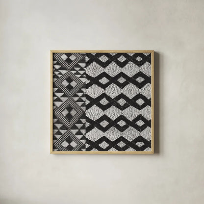 Kuba Cloth Mat I Crop BW by Sue Schlabach. Shown in a natural wood glass frame for a timeless modern aesthetic. Available as an archival giclee rolled canvas, fine art paper, or poster print. SKU 32129a.