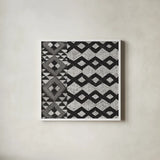 Kuba Cloth Mat I Crop BW by Sue Schlabach. Shown in a crisp white glass frame for a clean and minimalist style. Available as an archival giclee rolled canvas, fine art paper, or poster print. SKU 32129a.
