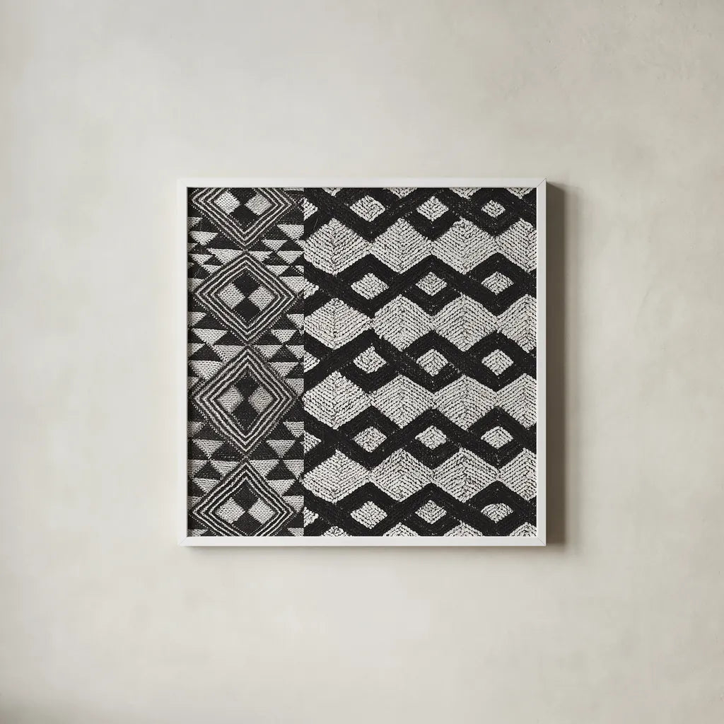 Kuba Cloth Mat I Crop BW by Sue Schlabach. Shown in a crisp white glass frame for a clean and minimalist style. Available as an archival giclee rolled canvas, fine art paper, or poster print. SKU 32129a.