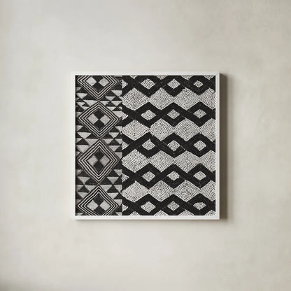 Kuba Cloth Mat I Crop BW by Sue Schlabach. Shown in a crisp white glass frame for a clean and minimalist style. Available as an archival giclee rolled canvas, fine art paper, or poster print. SKU 32129a.