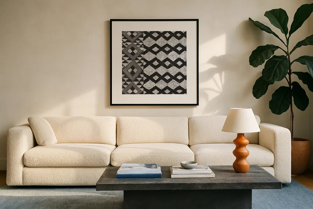 Kuba Cloth Mat I Crop BW by Sue Schlabach. Displayed in a glass frame with matte in a clean modern living room. Available as an archival giclee rolled canvas, fine art paper, or poster print. SKU 32129a.