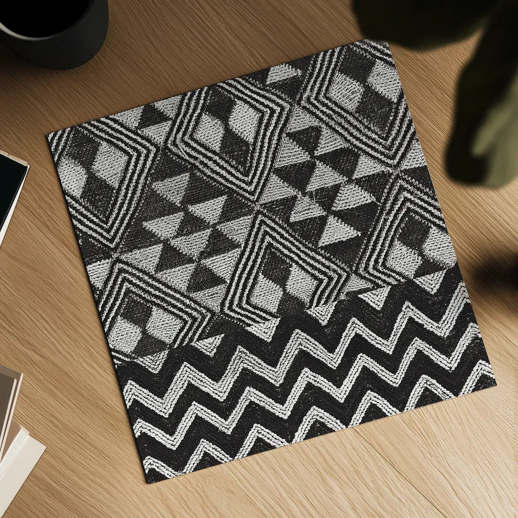 Kuba Cloth Mat II Crop BW by Sue Schlabach. Shown as a detailed flat fine art print, highlighting archival giclee quality. Available as an archival giclee rolled canvas, fine art paper, or poster print. SKU 32130a.