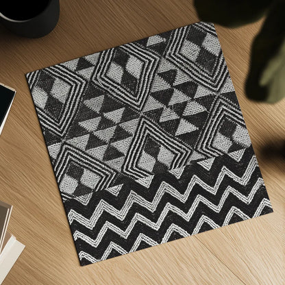 Kuba Cloth Mat II Crop BW by Sue Schlabach. Shown as a detailed flat fine art print, highlighting archival giclee quality. Available as an archival giclee rolled canvas, fine art paper, or poster print. SKU 32130a.