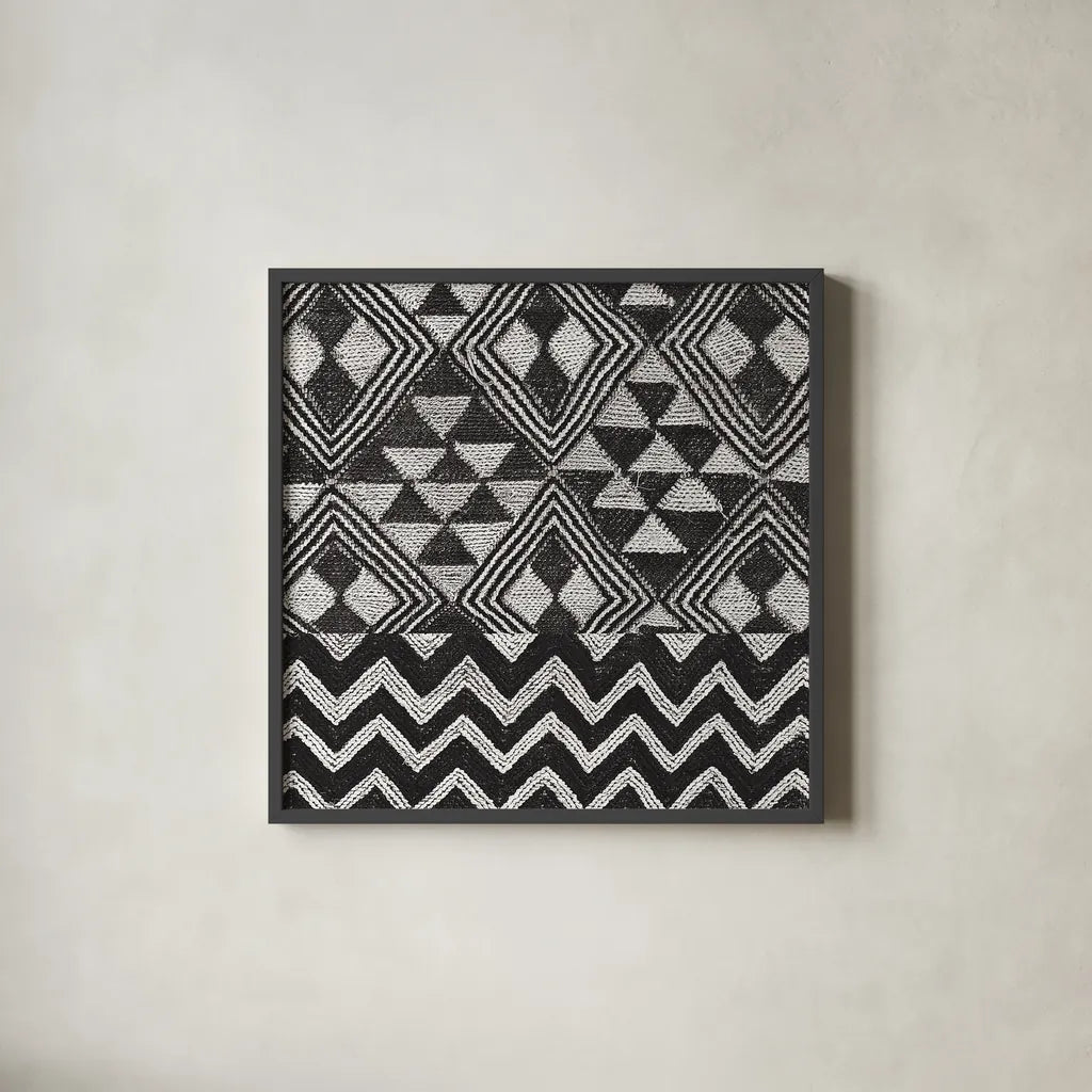 Kuba Cloth Mat II Crop BW by Sue Schlabach. Shown in a sleek black glass frame for a contemporary gallery look. Available as an archival giclee rolled canvas, fine art paper, or poster print. SKU 32130a.