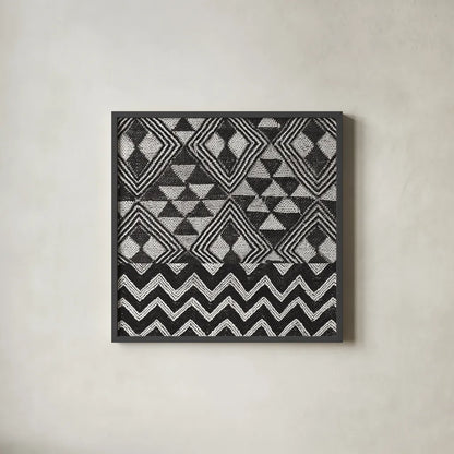 Kuba Cloth Mat II Crop BW by Sue Schlabach. Shown in a sleek black glass frame for a contemporary gallery look. Available as an archival giclee rolled canvas, fine art paper, or poster print. SKU 32130a.