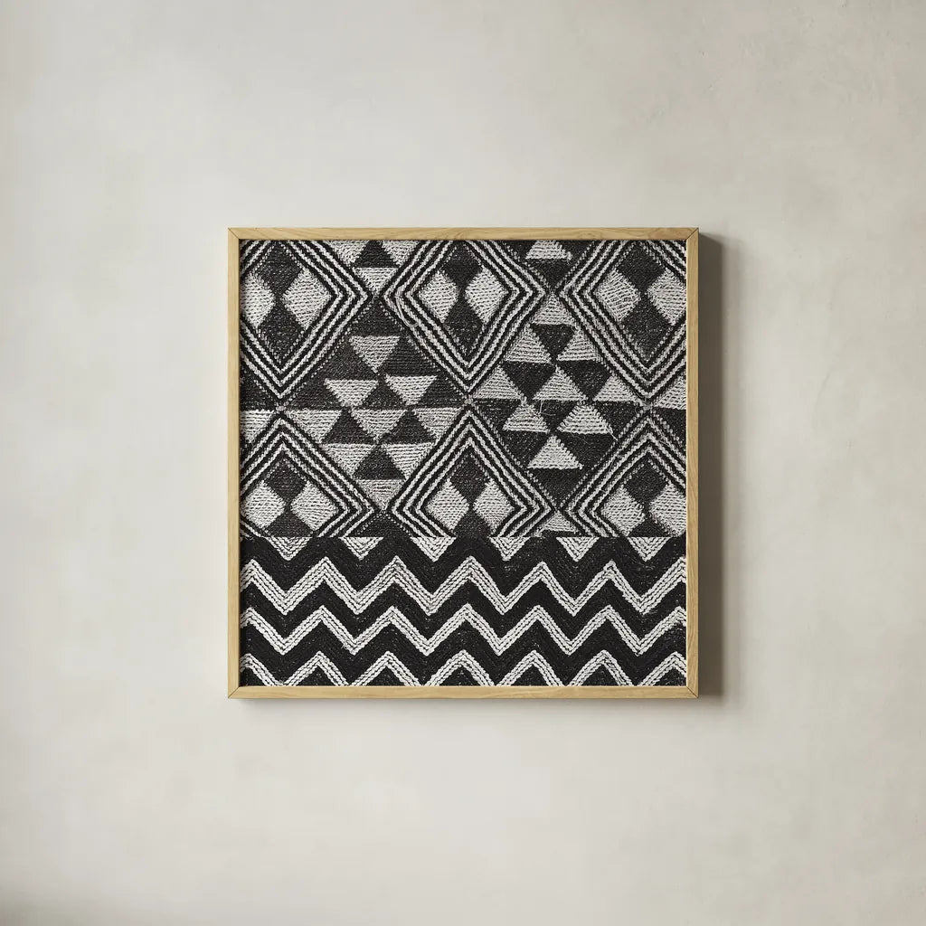 Kuba Cloth Mat II Crop BW by Sue Schlabach. Shown in a natural wood glass frame for a timeless modern aesthetic. Available as an archival giclee rolled canvas, fine art paper, or poster print. SKU 32130a.