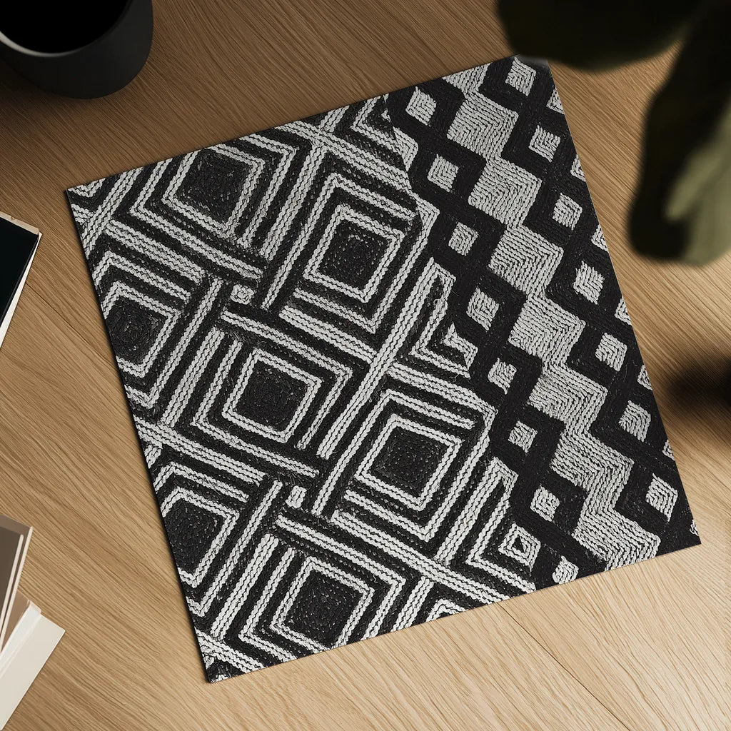 Kuba Cloth Mat III Crop BW by Sue Schlabach. Shown as a detailed flat fine art print, highlighting archival giclee quality. Available as an archival giclee rolled canvas, fine art paper, or poster print. SKU 32131a.