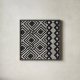 Kuba Cloth Mat III Crop BW by Sue Schlabach. Shown in a sleek black glass frame for a contemporary gallery look. Available as an archival giclee rolled canvas, fine art paper, or poster print. SKU 32131a.