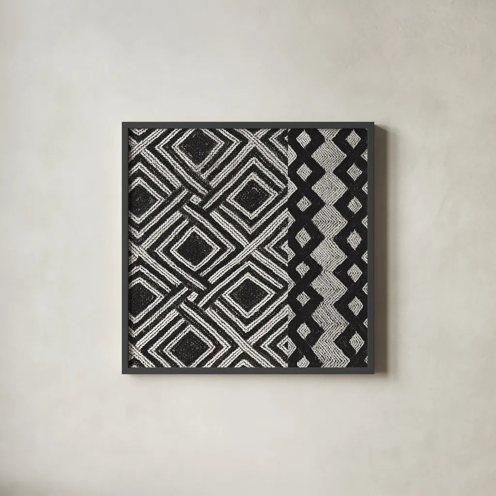 Kuba Cloth Mat III Crop BW by Sue Schlabach. Shown in a sleek black glass frame for a contemporary gallery look. Available as an archival giclee rolled canvas, fine art paper, or poster print. SKU 32131a.