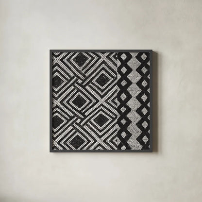 Kuba Cloth Mat III Crop BW by Sue Schlabach. Shown in a sleek black glass frame for a contemporary gallery look. Available as an archival giclee rolled canvas, fine art paper, or poster print. SKU 32131a.