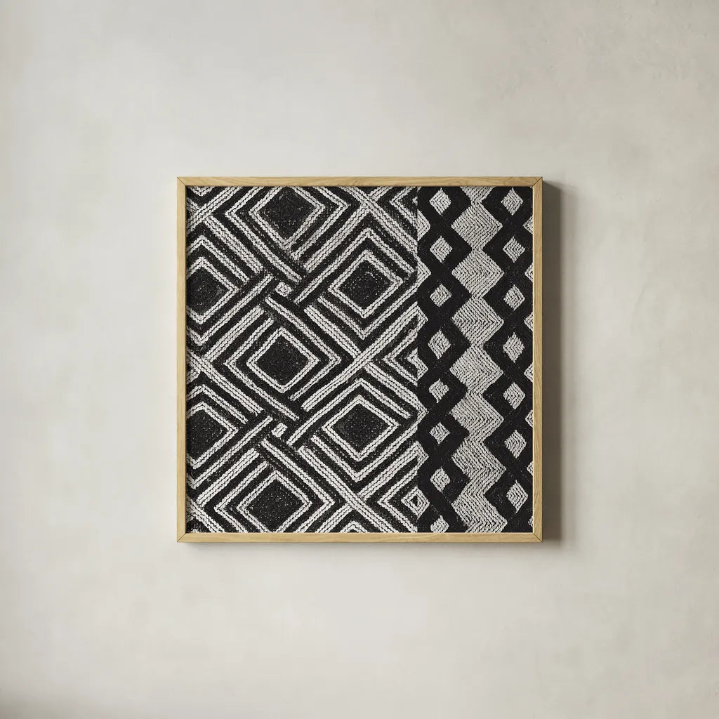 Kuba Cloth Mat III Crop BW by Sue Schlabach. Shown in a natural wood glass frame for a timeless modern aesthetic. Available as an archival giclee rolled canvas, fine art paper, or poster print. SKU 32131a.