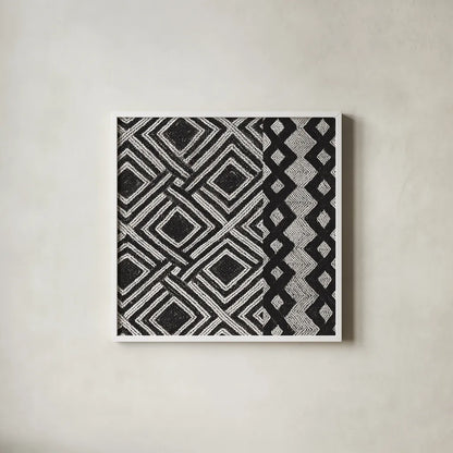Kuba Cloth Mat III Crop BW by Sue Schlabach. Shown in a crisp white glass frame for a clean and minimalist style. Available as an archival giclee rolled canvas, fine art paper, or poster print. SKU 32131a.