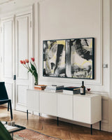 LPs in 33 Light Yellow by Sue Schlabach. shown as a framed stretched canvas in a living room above a console. Available as a archival giclee rolled canvas, fine art paper, or poster print. SKU 30332i.