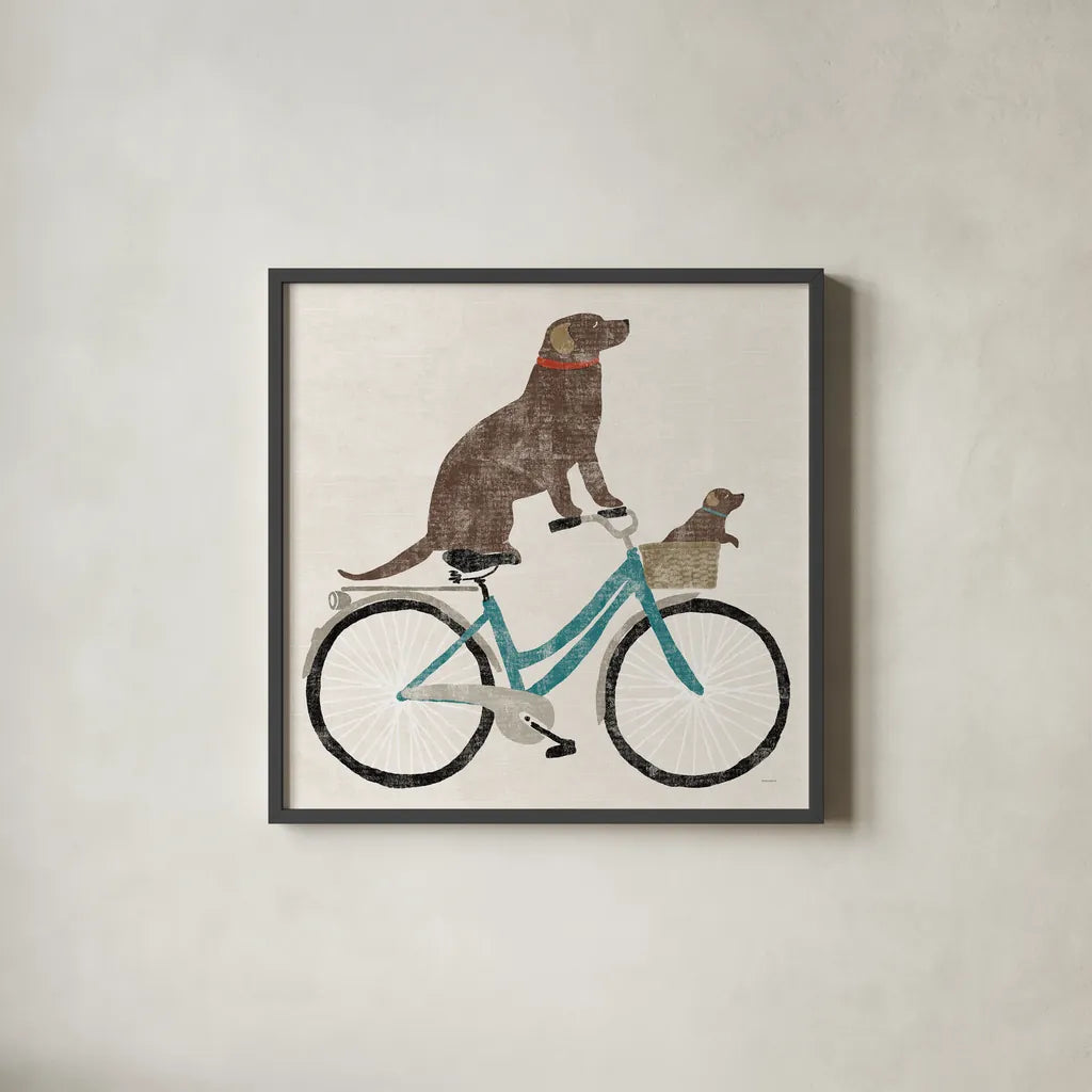 Lab Ride by Sue Schlabach. Shown in a sleek black glass frame for a contemporary gallery look. Available as an archival giclee rolled canvas, fine art paper, or poster print. SKU 66044a.