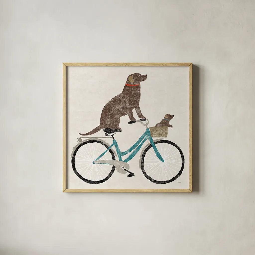Lab Ride by Sue Schlabach. Shown in a natural wood glass frame for a timeless modern aesthetic. Available as an archival giclee rolled canvas, fine art paper, or poster print. SKU 66044a.