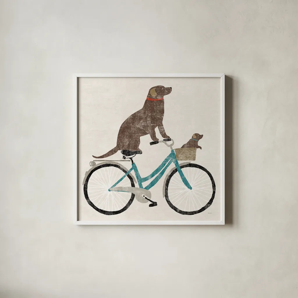 Lab Ride by Sue Schlabach. Shown in a crisp white glass frame for a clean and minimalist style. Available as an archival giclee rolled canvas, fine art paper, or poster print. SKU 66044a.